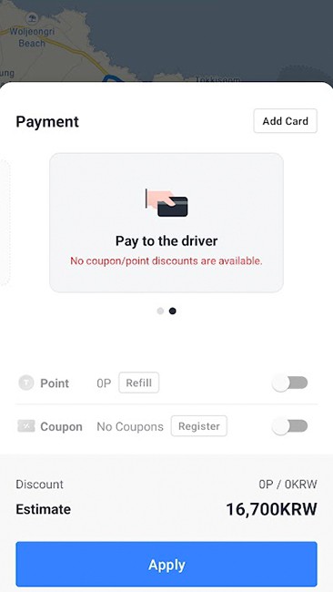 Kakao T App Pay to the driver option