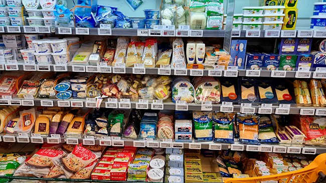 Selection of cheeses in retail store in South Korea