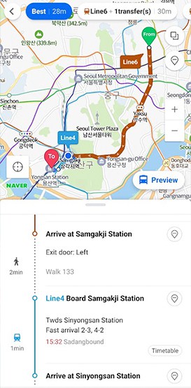 Public transportation navigation on Naver Maps South Korea