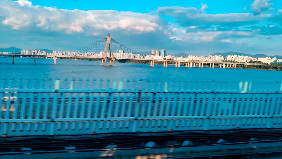 Crossing the Han river on bridge in Subway in Seoul South Korea